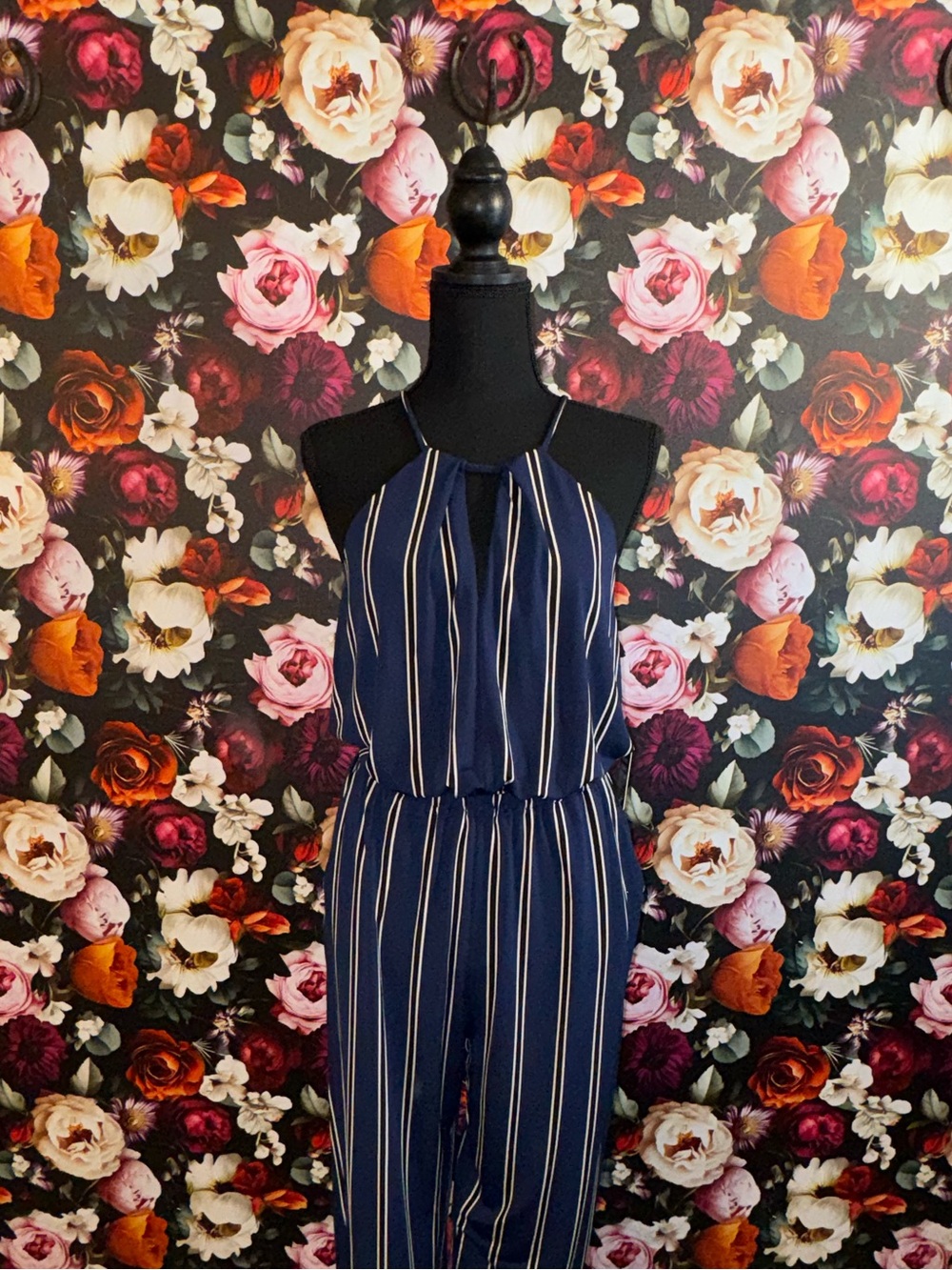 NWT - Express Easy Fit Formal Navy Vertical-Strip Halter Jumpsuit, Small